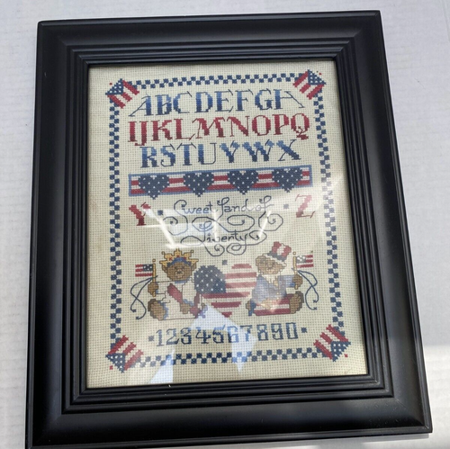 Kreuzstich patriotisch gerahmter Sampler Nadel Arbeit Sweet Land of Liberty Vintage 1989 - Bild 3 von 6