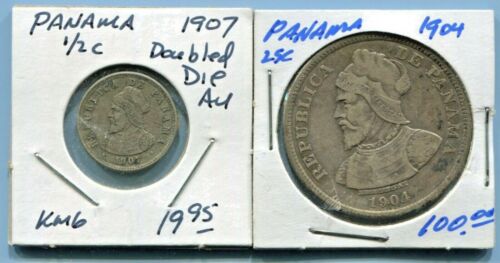 PANAMA - TWO FANTASTIC COINS, 1904 SILVER 25 CENTESIMOS & 1907 1/2 CENTESIMO - Picture 3 of 4