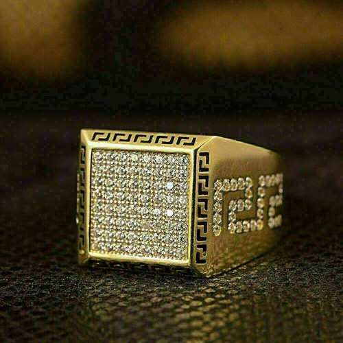 Men's Cluster Pinky Ring Solid 10K Yellow Gold 1.80Ct Round Genuine Moissanite - Picture 9 of 13