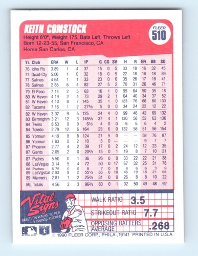 1990 Fleer Keith Comstock Seattle Mariners #510 - Picture 2 of 2