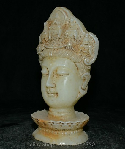 9'' Old Chinese White Jade Carving Kwan-yin Tara Buddha Head Statue Sculpture - Picture 4 of 12