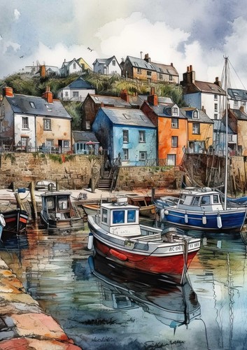 Cornish Scenic Harbour Boats Watercolour Wall Art Poster Print A3 A4 A5 - Picture 2 of 6