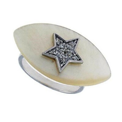 Bague Argent Massif Avec Cabochon Nacre Blanc - Style Marquise - Taille 51 - Occasion