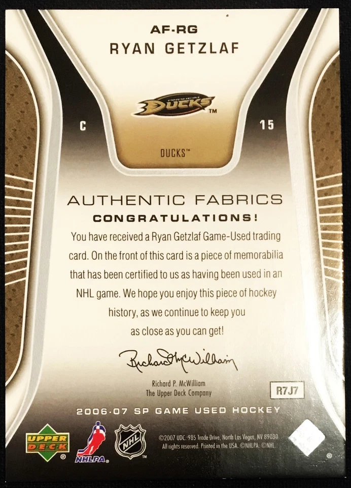 Ryan Getzlaf SP Game-Used Edition jersey card AF-RG, 2006 -07 NHL, Ducks - Image 2 of 2