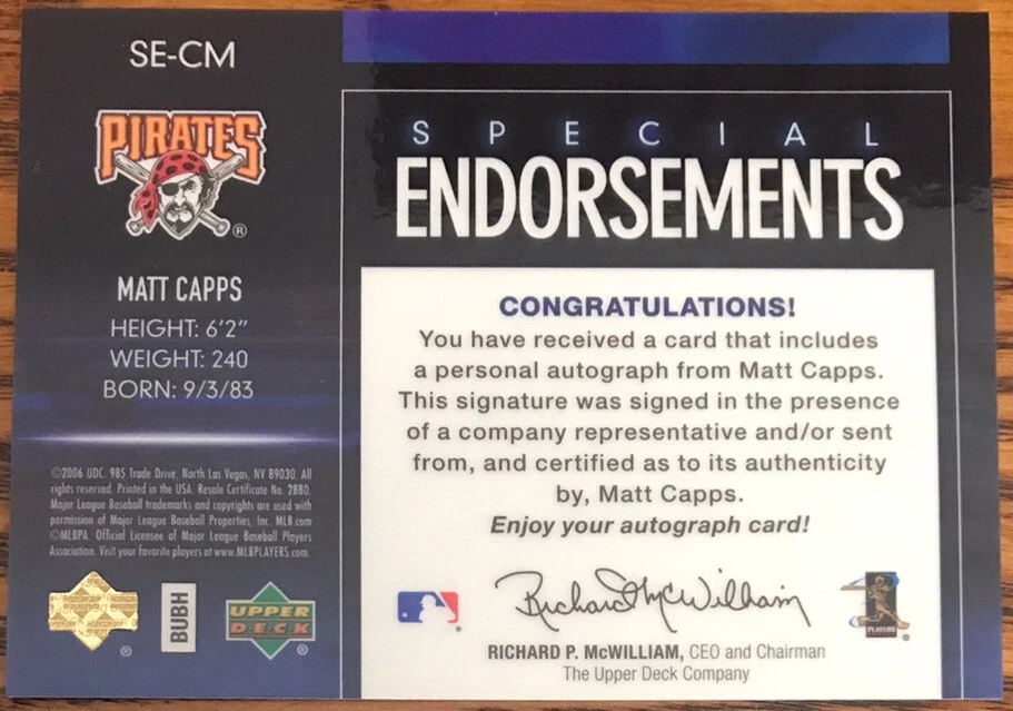 2006 Upper Deck Special FX Special Endorsements Signatures Matt Capps SE-CM - Image 2 of 2