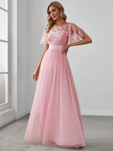 Women's A-Line Short Sleeve Sequin Leaf Floor Length Evening Dresses - Picture 4 of 85