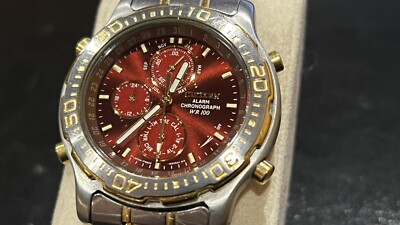 CITIZEN 6850-G81104 ALARM Chronograph WR100 Two Tone Red Dial Gold