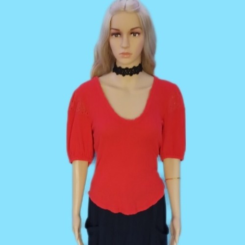 Womens Free people Large red puff sleeve lace inset top blouse - Picture 2 of 9
