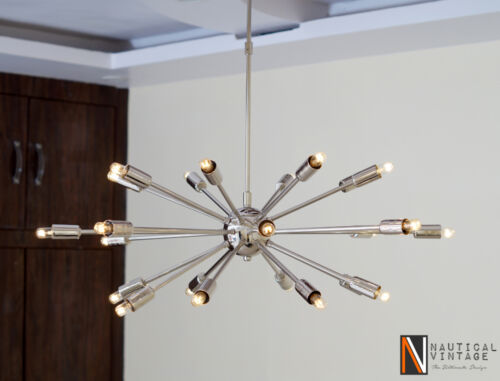 Mid Century Modern 24 Arm Chrome Brass Sputnik Atomic Chandelier Starburst Light Mid Century Modern 24 Arm Chrome Brass, Atomic Light Fixture Mid Century