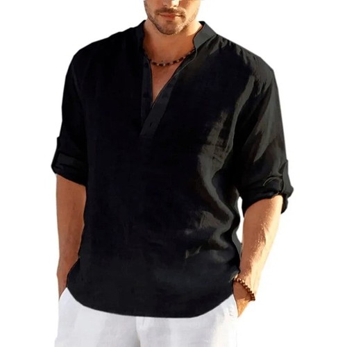 T-shirt a maniche lunghe in lino da uomo nuova tinta unita camicia casual traspi - Foto 67 di 67