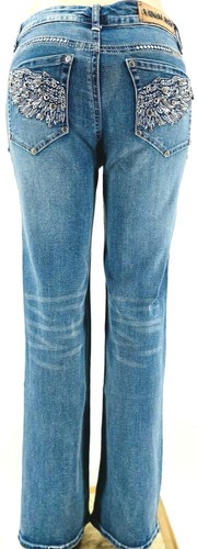 PLATINUM PLUSH LADIES ANGEL WINGS RHINESTONE DENIM BOOT CUT JEANS STYLE #4041 - Picture 4 of 5