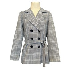 Vintage 80s Gray Glen Plaid Double Breasted Tie Belt Jacket USA Size Medium