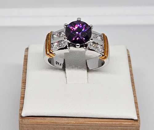 ANILLO HIGH ROLLER GENUINO AMATISTA Y CRISTAL VINTAGE CÓNICO TALLA 8 ESTAMPADO 925