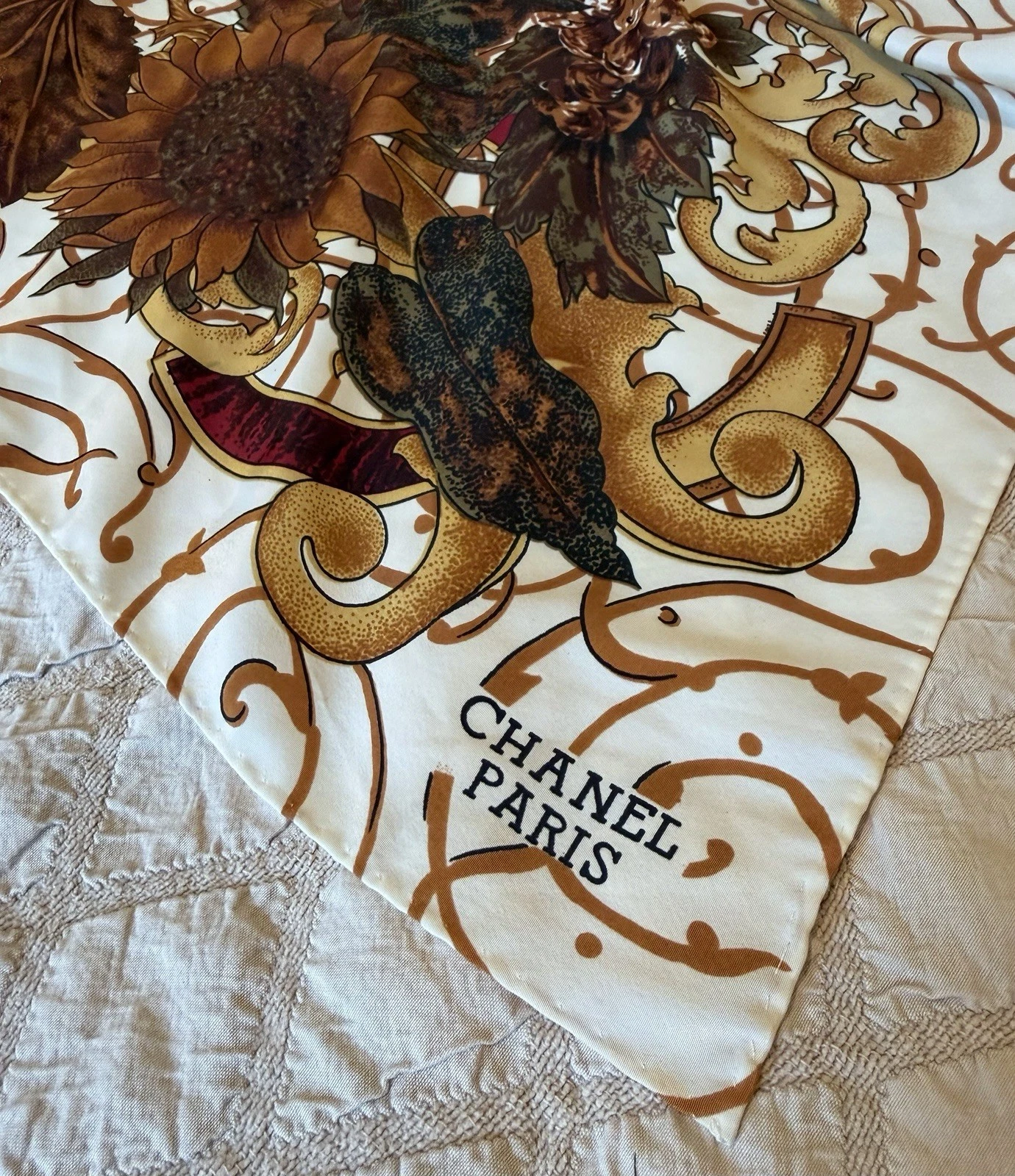 Chanel Silk Scarf Vintage Lagerfeld 80s 90s Baroque Floral Ivory CC