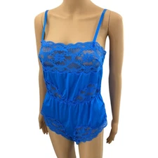Wonder Maid SMALL VINTAGE 70s USA Blue Lace Teddy Antron Nylon Sissy Snap Crotch