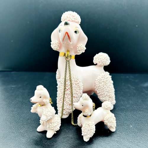 Vintage hochnäsiger Porzellan rosa Spaghetti Pudel Hund mit 2 Welpen - gemarkt AQ2 - Bild 2 von 10