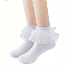 2 Pair Cotton Double Lace Ruffle White Socks Kids Girls Size Medium, 5-8 Years