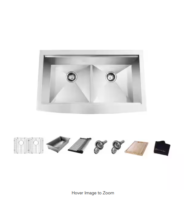 Glacier Bay Zero Radius 33 in. Apron-Front 50/50 Double Bowl 18 Gauge Stainless