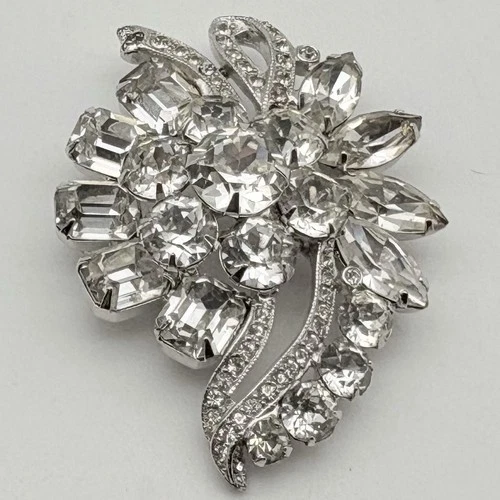 Vintage Eisenberg Ice Signed Brooch  Silver Tone With Clear Rhinestones 2.5in L