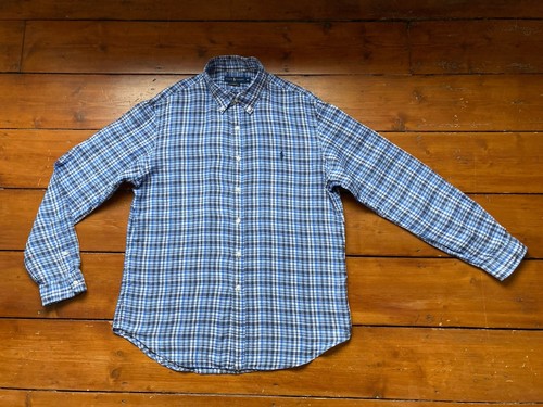 Men’s RALPH LAUREN Shirt XL Blue White Check Plaid 100% Linen Ocean Wash Slim - Picture 6 of 13