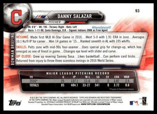 2017 Bowman Danny Salazar Cleveland Indians #93 - Picture 2 of 2