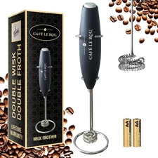 Cafe le Rou Milk Frother Handheld Battery Operated -* DOUBLE WHISK * with Sta...