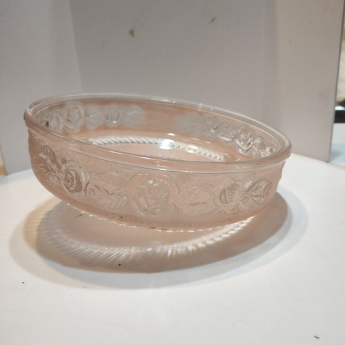 ART DECO PINK GLASS LIGHT SHADE 3 CHAIN HOLE 10" ROUND FLORAL FROSTED SCALLOPED - Picture 2 of 4