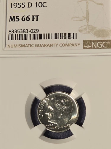 1955 D ROOSEVELT DIME NGC MS-66 FT - UNCIRCULATED - FULL TORCH - CERTIFIED - 10C
