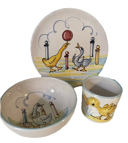 Vtg Italian Art Pottery Child Set Plate Bowl Cup Hand Painted Ducks Geese Farm