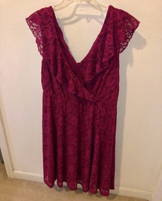 TORRID PINK FUCHSIA LACE FLUTTER SLEEVE FAUX WRAP SKATER DRESS 1X