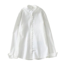 Womens Lace Stand Collar Ruffle Shirt Long Sleeve Cotton Slim Hollow Out Blouse