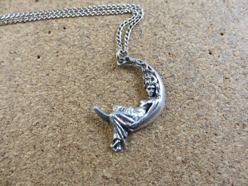 Antique Art Nouveau Woman Moon Pendant 30" Sterling Silver Chain Necklace #951 - Picture 15 of 19
