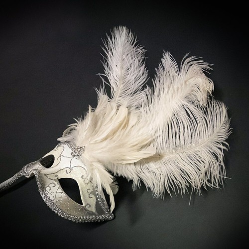 Handheld Stick Mask | Feather Masquerade Mask White Silver M6150 - Picture 5 of 5