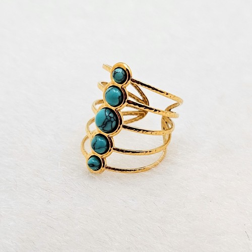 18K Gold Plated Multi Layer Open Turquoise Adjustable Ring, Classic Design - Picture 3 of 7