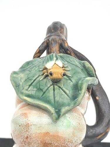 RARE "Majolica Style" Pumpkin Teapot, Brown Vine Handle, Bug on Leaf Lid VINTAGE - Picture 6 of 11