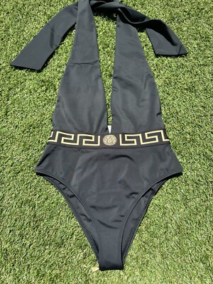 Versace Greca Border Halterneck Black Nero Gold Plunge Open