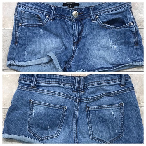 Pantalones Cortos Forever 21 Azul Denim Factory Envejecidos Jean 26 Bolsillos Elastizados - Imagen 11 de 12