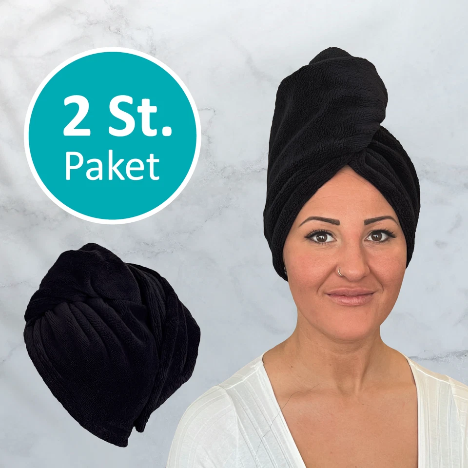Mikrofaser Baumwolle Mix 2x Haarturban mit Knopf Schwarz Kopfhandtuch TWIN STAR - Bild 1 von 1