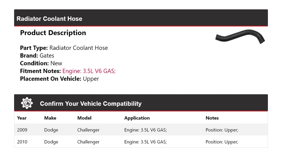 Manguera de refrigerante de radiador de gas V6 de 3,5 L para Dodge Challenger 2009-2010 puertas superiores Foto 2 de 4