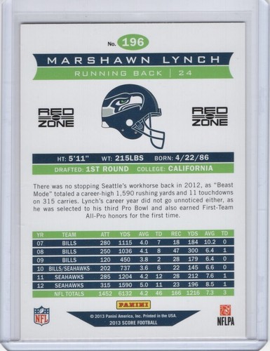 2013 Score Red Zone #196 Marshawn Lynch 5/30 - Picture 2 of 2