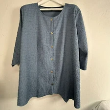 Citron Women's Shirred Button Front Round Neck 3/4 Sleeve Casual Blouse Blue 0