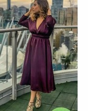 BNWT ZARA Burgundy Satin Effect Elastic Waistband Dress Size L