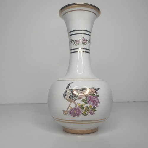 Vintage NEOFITOU Greek Ceramic Vase White and 24K Gold Hand Painted Peacock - Picture 3 of 20