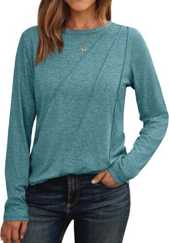 Women's Pleated Crew Neck Long Sleeve Casual Spring Tops Loose Fit Lightweight - Picture 32 of 38