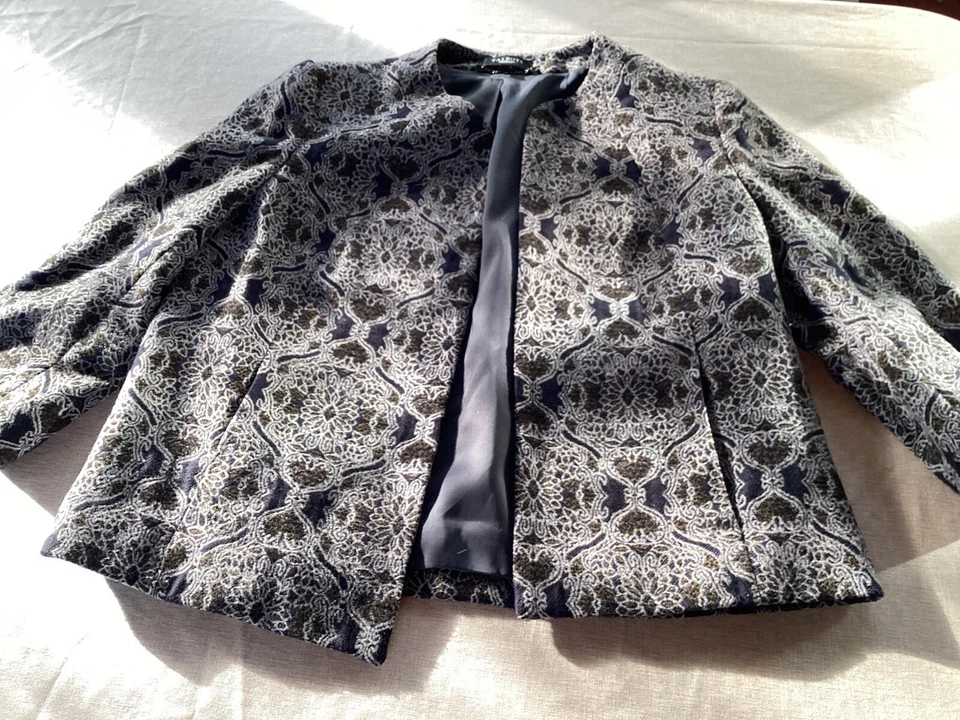 Chaqueta Blazer Talbots 14 Marrón Gris Mezcla Lana Terciopelo Sensación Recortada Floral  Foto 3 de 4
