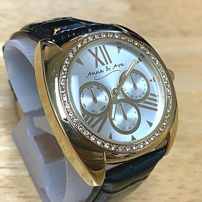 Unused Stylish Anna & Ava Men Gold Tone Leather Analog Quartz Watch~New Battery