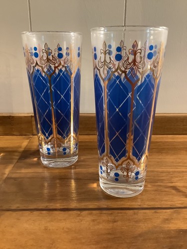 Vintage Anchor Hocking Royal Blue Fleur-de-lis Blue Gold 6.75" Highball Set of 4 - Picture 3 of 3