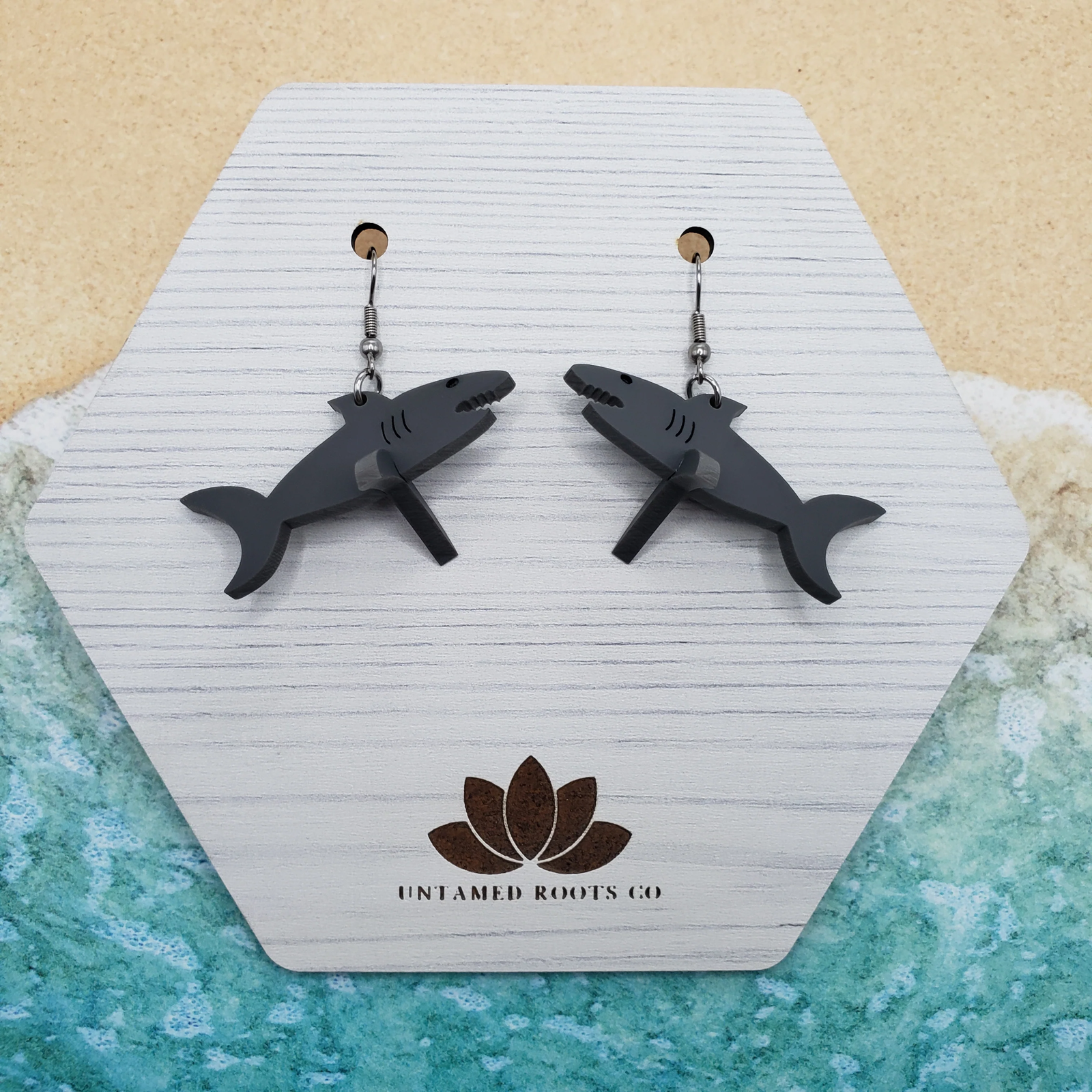 Shark Dangle Earrings, Handmade Stainless Steel and Lightweight Acrylic