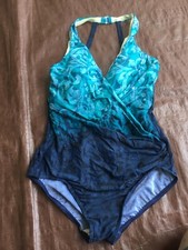 ECU MIRACLESUIT Bathing Suit Size 8 Navy Blue Teal Wrap Top 1 Piece Thin Straps