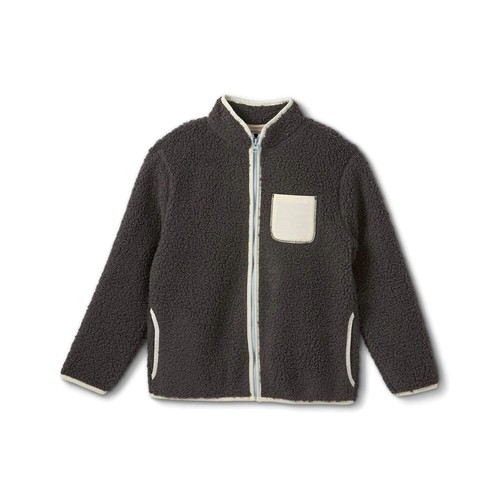 Kids Unisex Zip-Up Sherpa Jacket with Front Pocket - Grey/Cream (Size XL) - Picture 1 of 3